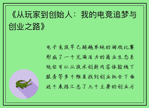 《从玩家到创始人：我的电竞追梦与创业之路》